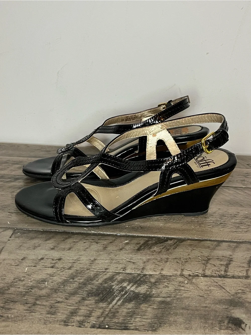 Sofft Patent Leather Strappy Wedge Sandal